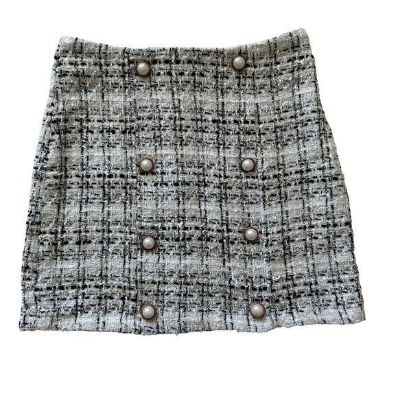 Shein Black & White Tweed Pearl Button Mini Skirt - Size Small - Picture 1 of 7